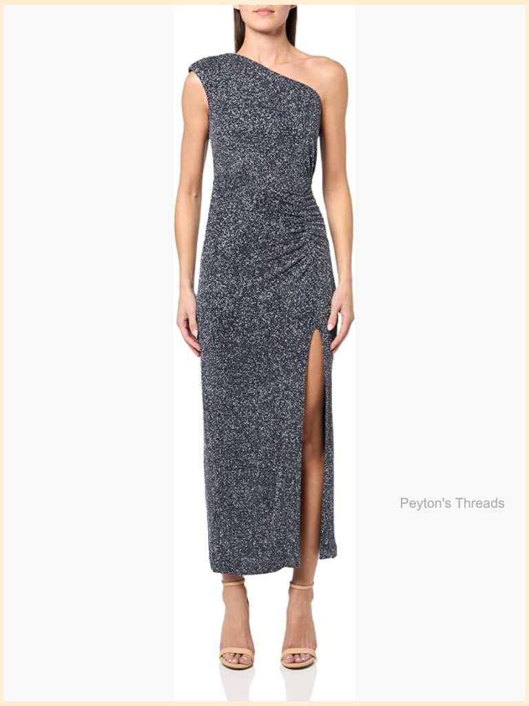 One Shoulder Front Slit Metallic Knit Gown